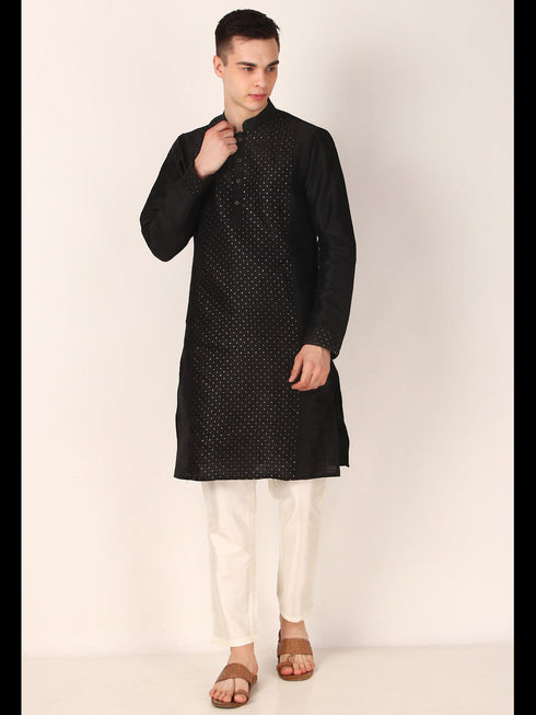 Black Kurta Khadi Silk Payjama Closure View