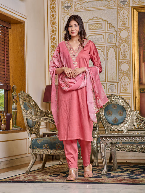 Pink Chanderi Pant Suit Acy7684 Closure View
