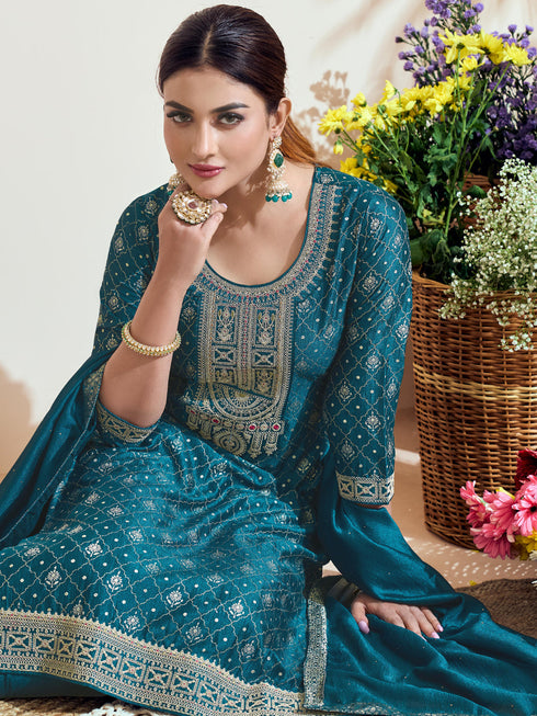Blue Vichitra Silk Pant Suit Acy7896 Closure View