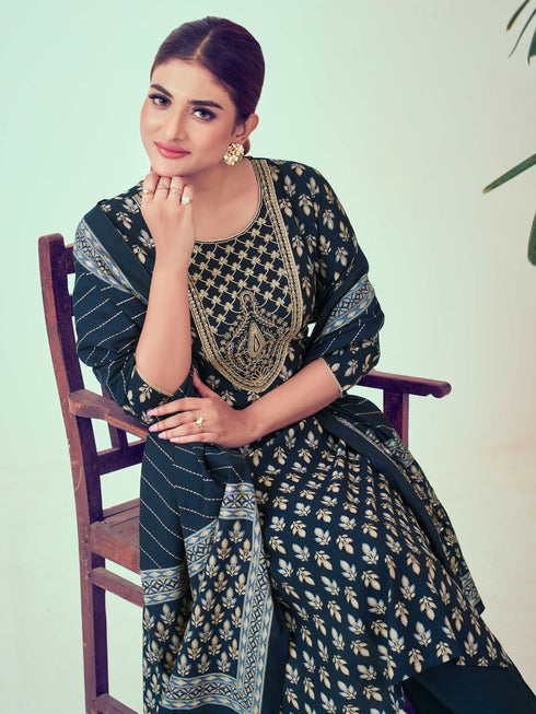 Teal Blue Modal Chanderi Pant Suit Acy7907 Closure View