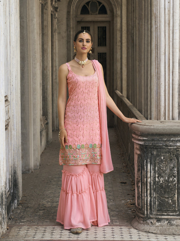 Pink Faux Georgette Sharara Suit Acy7961