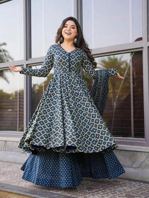 Blue Cotton Silk Palazzo Suit Acy8011