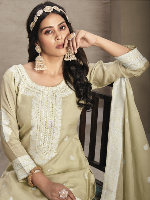 Beige Organza Pant Suit Acy8063 Closure View