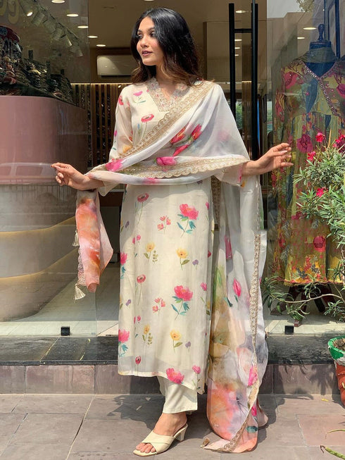 White Organza Pant Suit Acy8110 Closure View