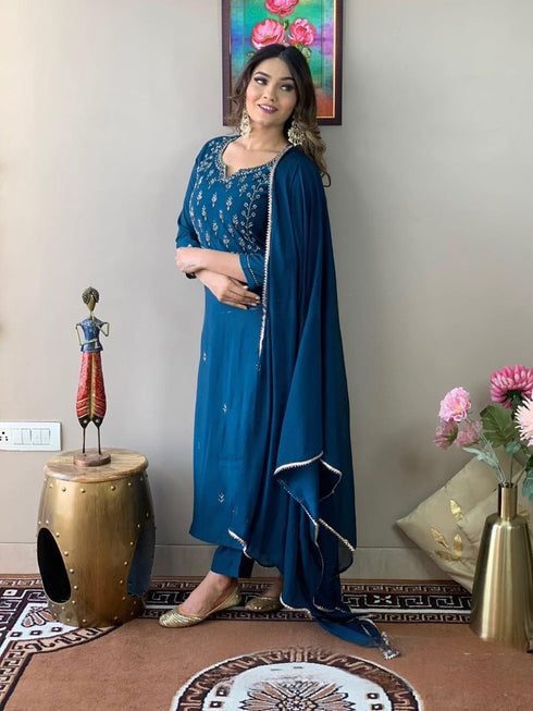 Teal Rayon Slub Pant Suit Acy8111 Closure View