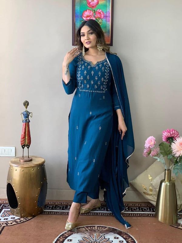 Teal Rayon Slub Pant Suit Acy8111