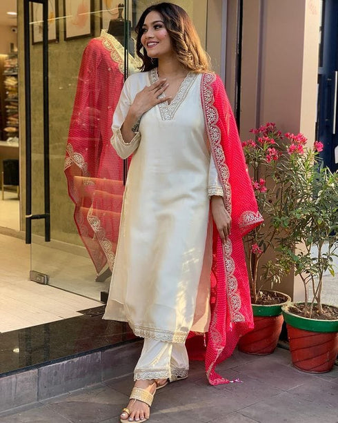 Cream Chanderi Pant Suit Acy8112 Back View