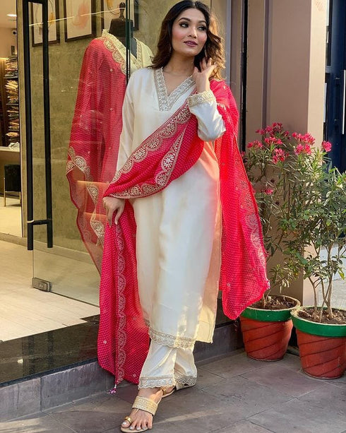 Cream Chanderi Pant Suit Acy8112 Salwar Kameez