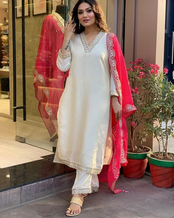 Cream Chanderi Pant Suit Acy8112