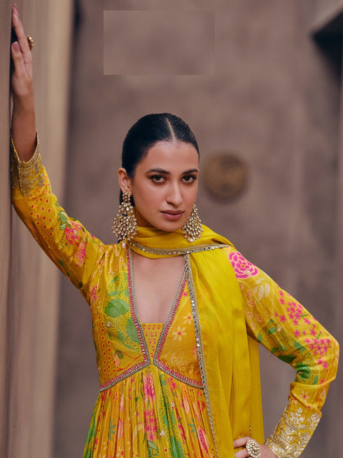 Yellow Georgette Anarkali Dress Acy8127 Closure View