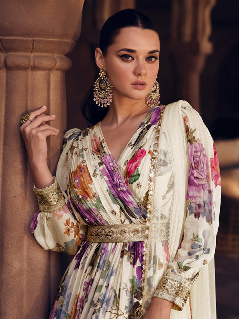 Cream Georgette Anarkali Dress Acy8130 Closure View