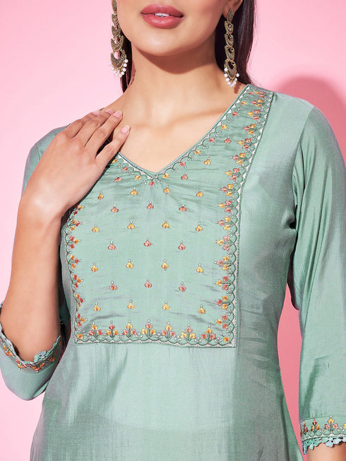 Green Silk Blend Pant Suit Acy8218 Back View