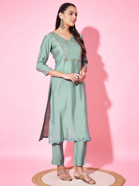 Green Silk Blend Pant Suit Acy8218 Salwar Kameez