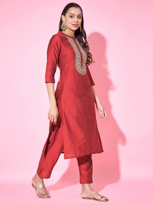 Red Silk Blend Pant Suit Acy8221 Back View