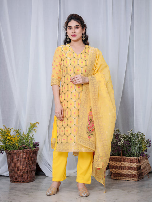 Yellow Chanderi Cotton Pant Suit Acy8223