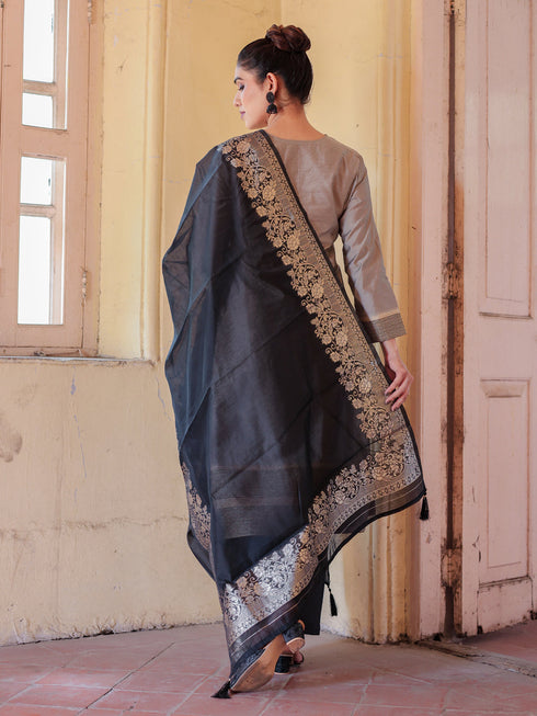 Grey Chanderi Cotton Pant Suit Acy8226 Closure View
