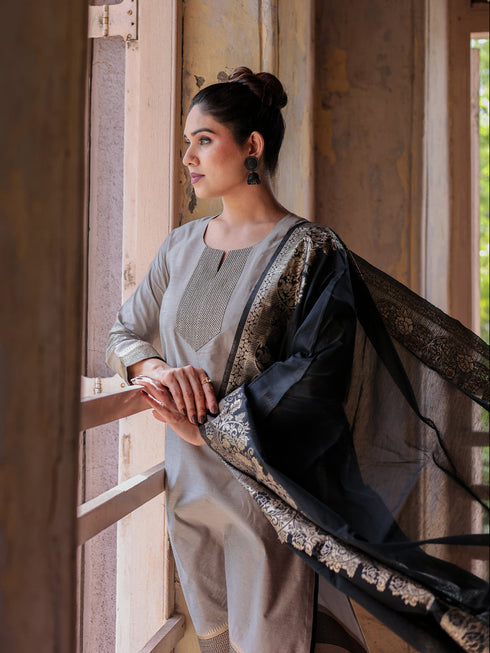 Grey Chanderi Cotton Pant Suit Acy8226 Back View