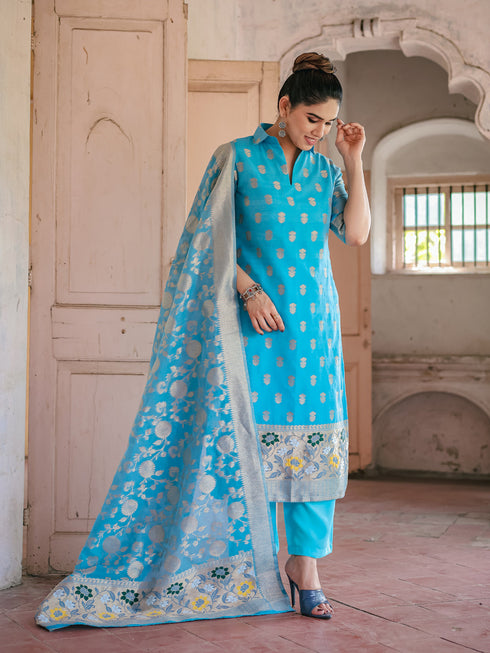 Blue Chanderi Cotton Pant Suit Acy8227 Salwar Kameez