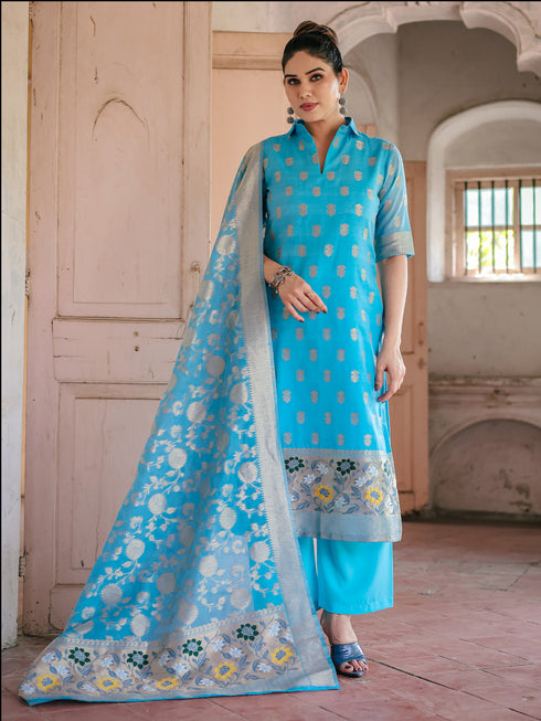 Blue Chanderi Cotton Pant Suit Acy8227
