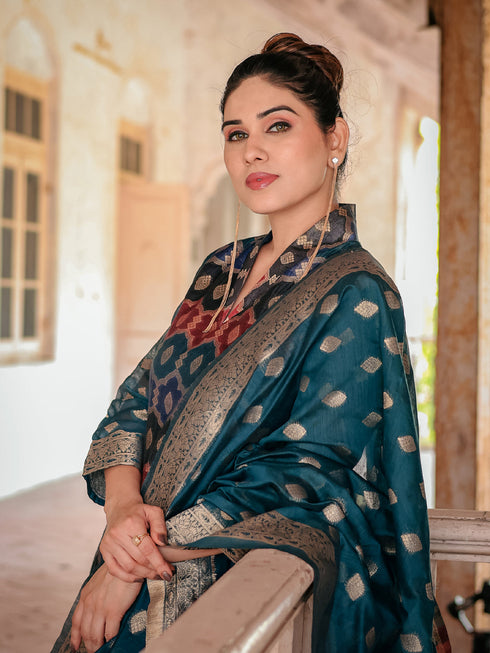 Teal Chanderi Cotton Pant Suit Acy8228 Back View