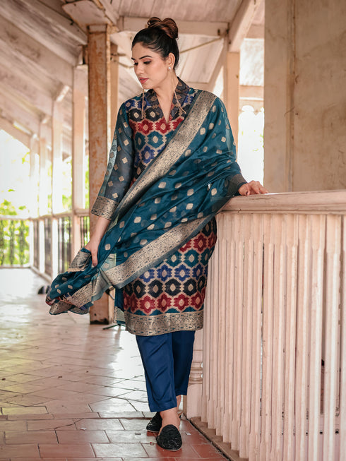 Teal Chanderi Cotton Pant Suit Acy8228