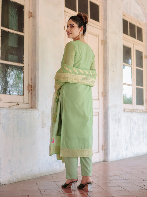Green Chanderi Cotton Pant Suit Acy8229 Closure View