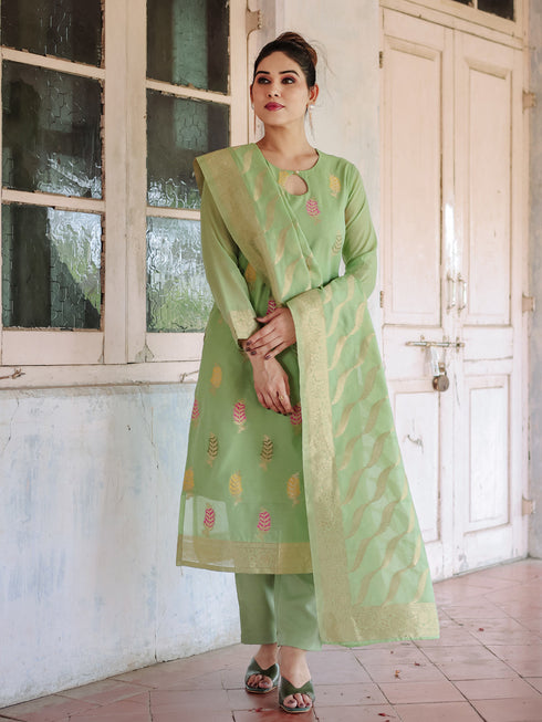 Green Chanderi Cotton Pant Suit Acy8229 Salwar Kameez