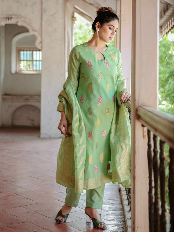 Green Chanderi Cotton Pant Suit Acy8229
