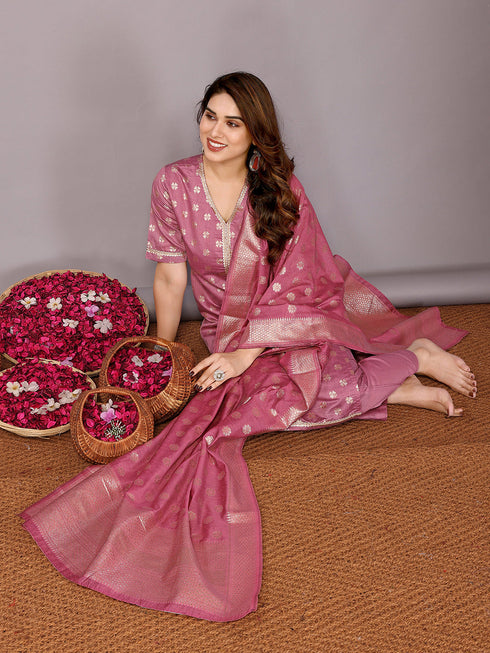 Pink Chanderi Cotton Pant Suit Acy8236 Closure View