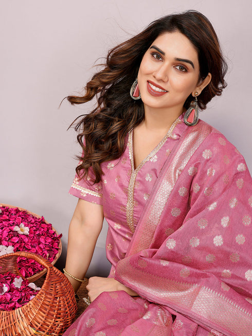 Pink Chanderi Cotton Pant Suit Acy8236 Back View