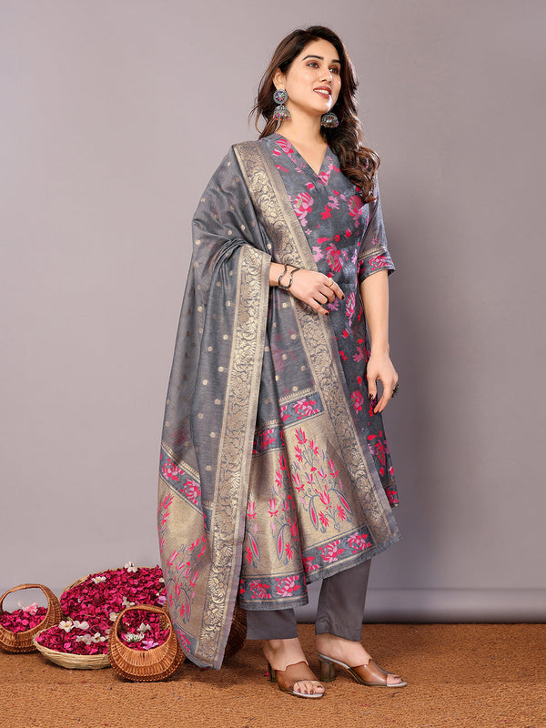 Grey Chanderi Cotton Pant Suit Acy8237