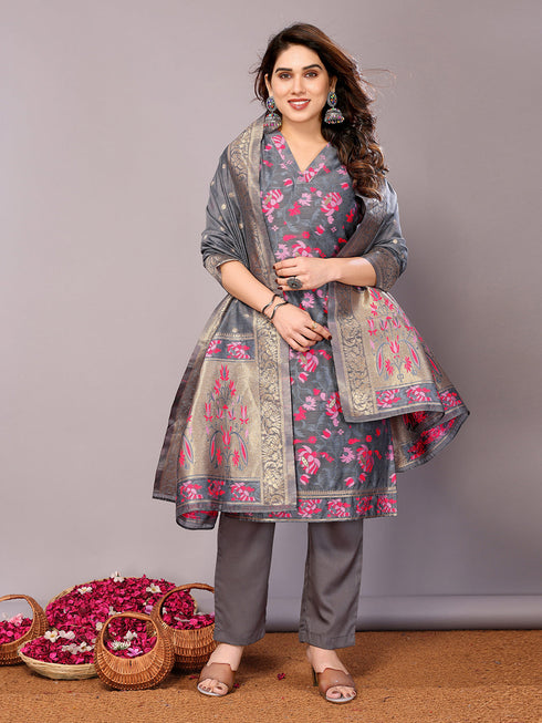 Grey Chanderi Cotton Pant Suit Acy8237 Closure View