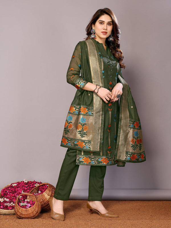Dark Green Chanderi Cotton Pant Suit Acy8238
