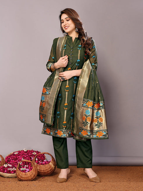 Dark Green Chanderi Cotton Pant Suit Acy8238 Closure View
