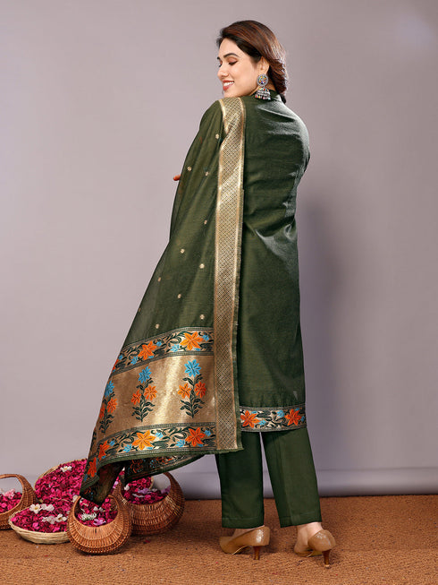 Dark Green Chanderi Cotton Pant Suit Acy8238 Salwar Kameez