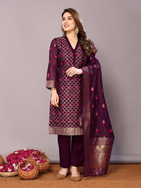 Wine Chanderi Cotton Pant Suit Acy8239 Closure View