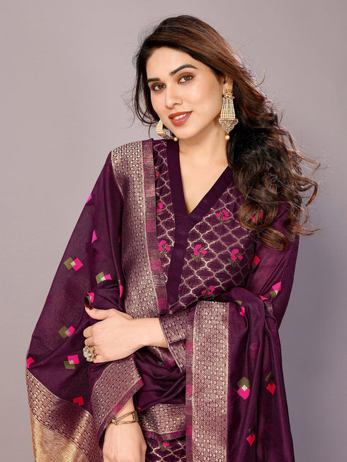 Wine Chanderi Cotton Pant Suit Acy8239 Back View