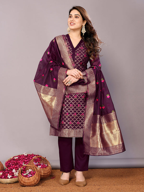 Wine Chanderi Cotton Pant Suit Acy8239