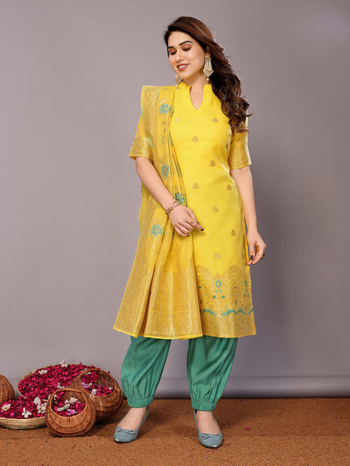 Yellow Chanderi Cotton Pant Suit Acy8240 Closure View