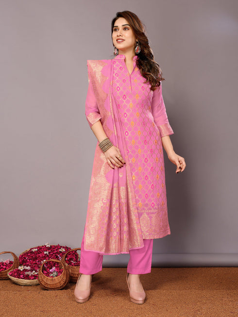 Pink Chanderi Cotton Pant Suit Acy8241 Closure View
