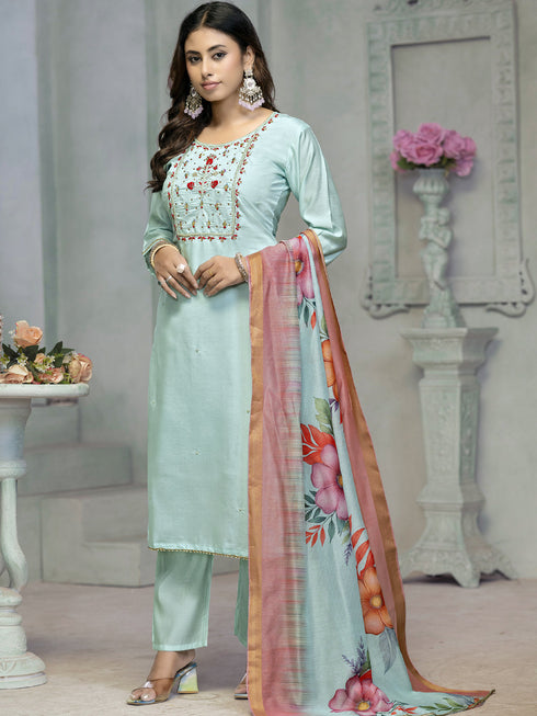 Blue Rayon Cotton Pant Suit Acy8249 Closure View