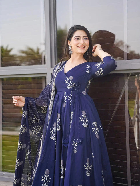 Blue Maslin Anarkali Dress Acy8259 Back View