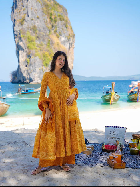 Mustard Maslin Anarkali Dress Acy8260