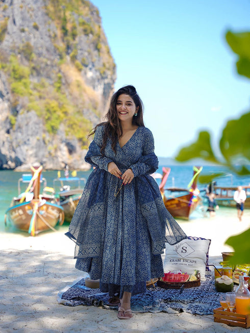 Blue Maslin Anarkali Dress Acy8261