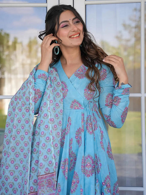 Sky Blue Maslin Anarkali Dress Acy8263 Back View