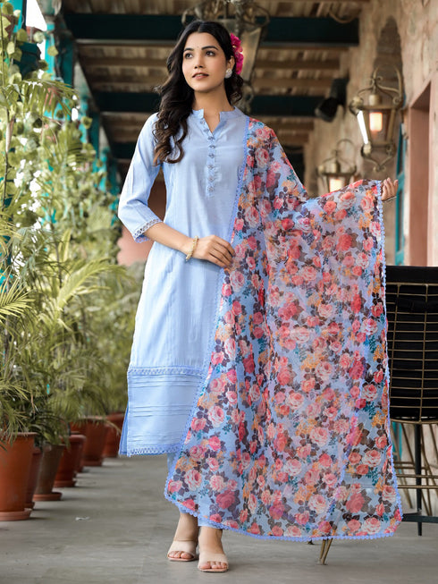 Blue Silk Blend Pant Suit Acy8471