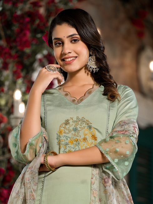 Green Silk Blend Pant Suit Acy8475 Back View