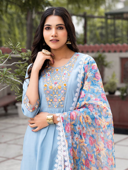 Blue Silk Blend Pant Suit Acy8478 Back View