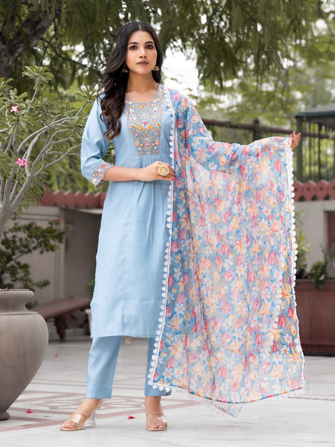 Blue Silk Blend Pant Suit Acy8478