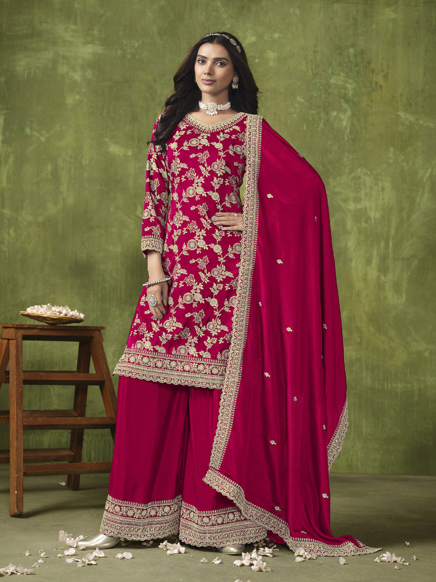 Pink Designer Readymade Pant Suit With Wevon Design Hand Work